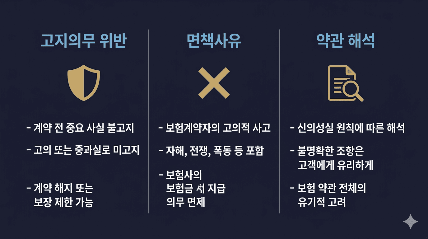 보험금 부지급 거절 유형 3가지 비교 — 고지의무 위반, 면책사유, 약관 해석