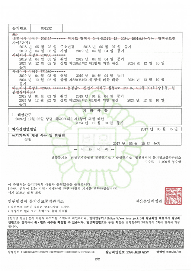 휴면회사 회사계속 전 — 해산간주된 등기부 임원 직권말소 사례